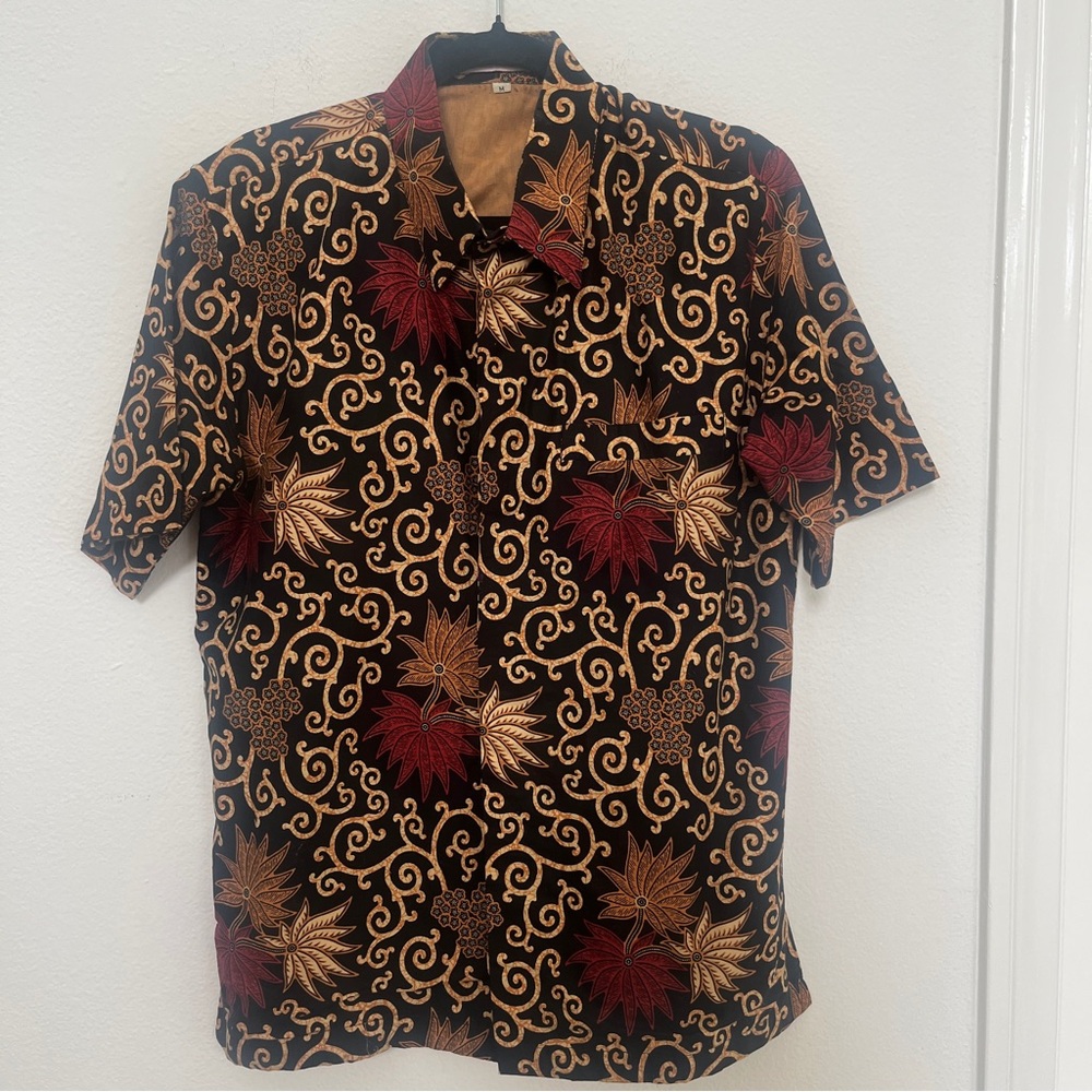Indonesian Batik SS Art Shirt NWOT Sri Rezeky Men’s M Black Brown Handmade Lined